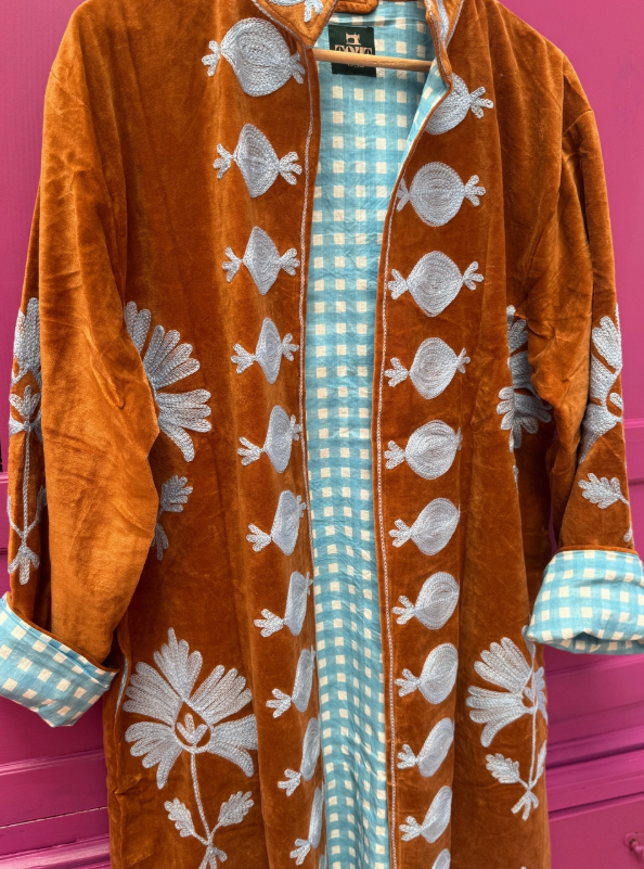 Long Brick & Blue Velvet Jacket