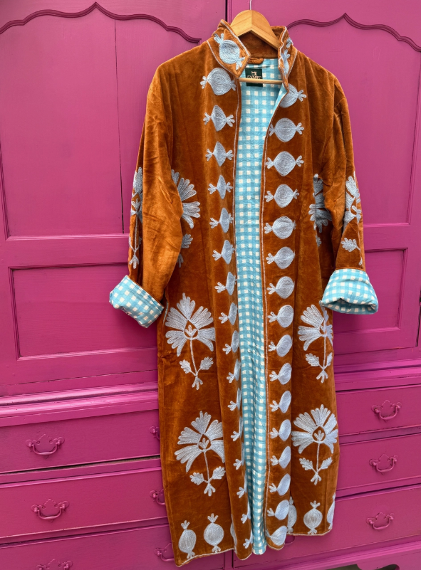 Long Brick & Blue Velvet Jacket