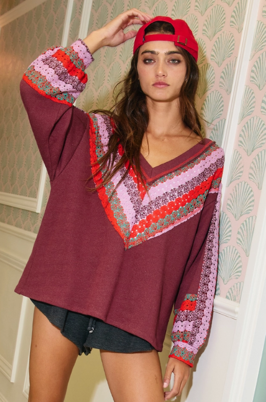 Crochet V-Neck Terry Sweatshirt