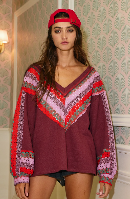 Crochet V-Neck Terry Sweatshirt