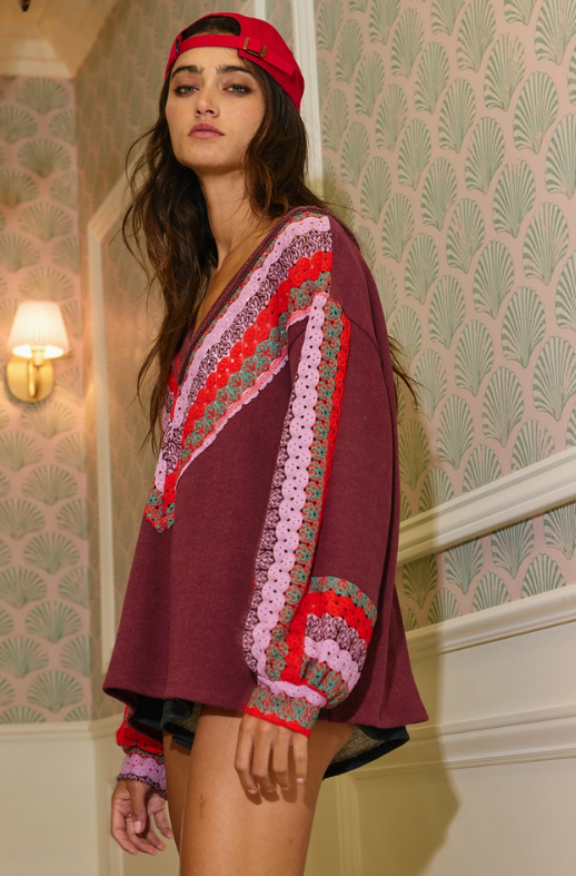 Crochet V-Neck Terry Sweatshirt