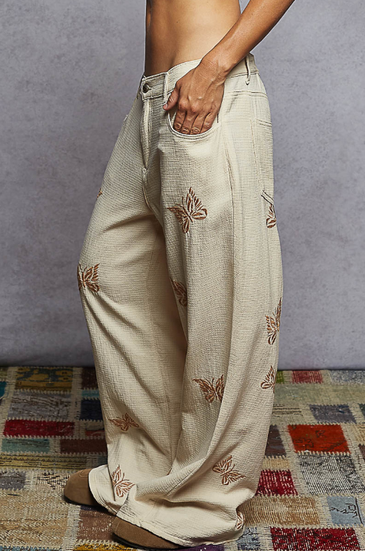 Butterfly Embroidered Cotton Pants