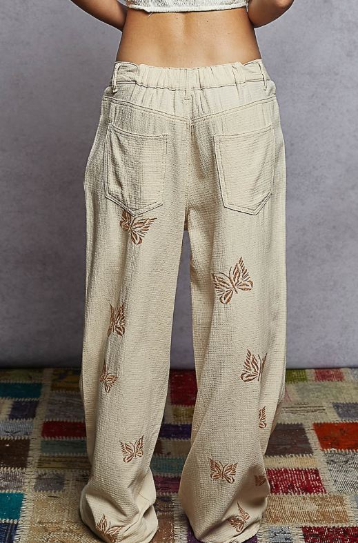 Butterfly Embroidered Cotton Pants