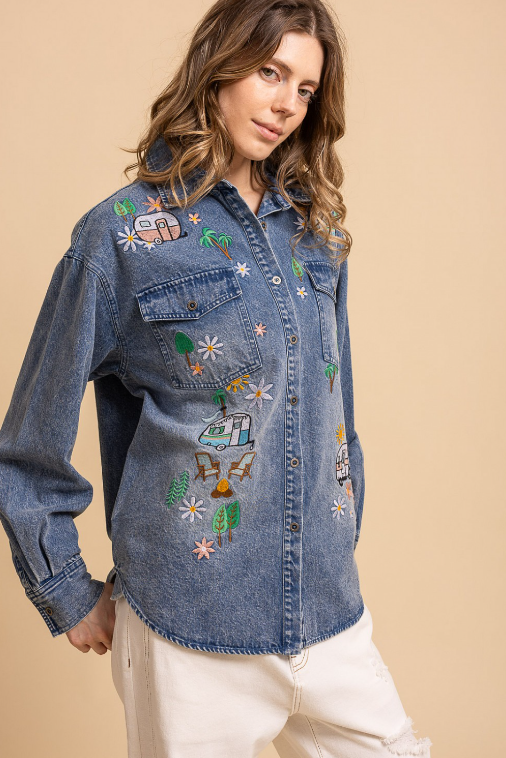 Happy Camper Embroidered Denim Top