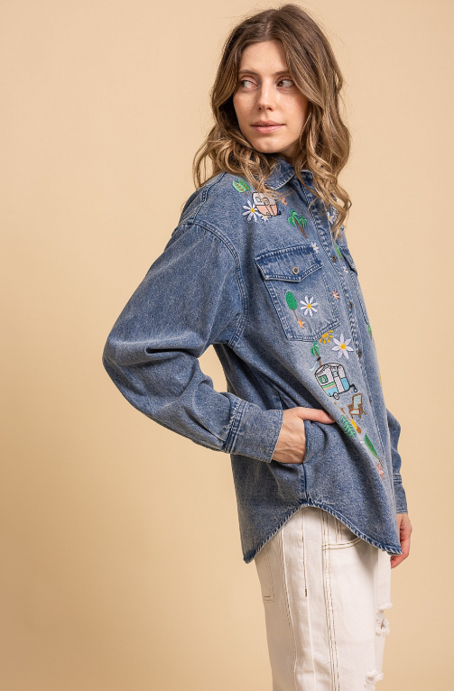 Happy Camper Embroidered Denim Top