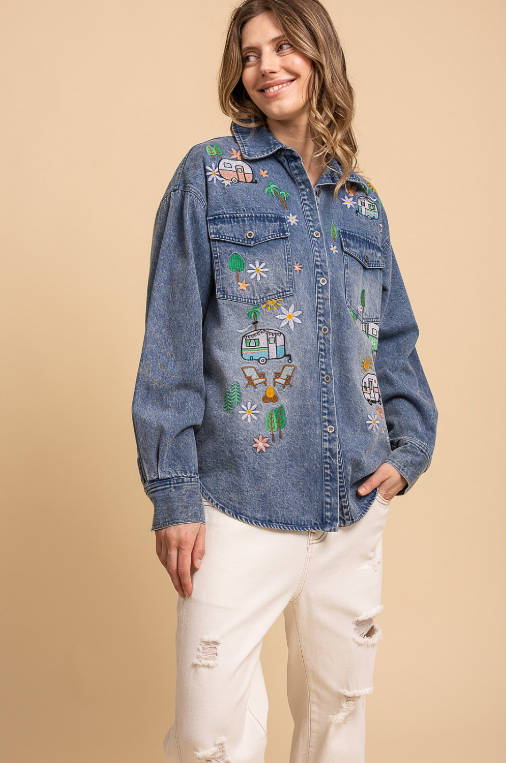 Happy Camper Embroidered Denim Top