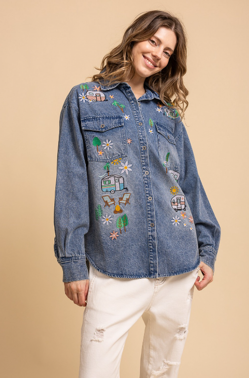 Happy Camper Embroidered Denim Top