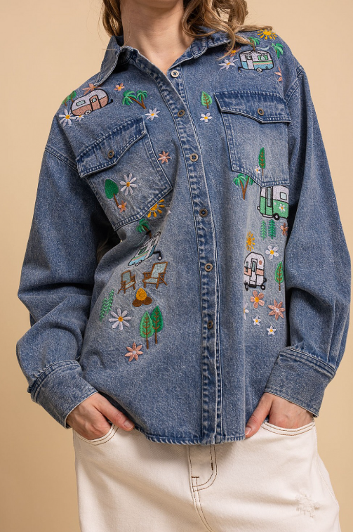 Happy Camper Embroidered Denim Top