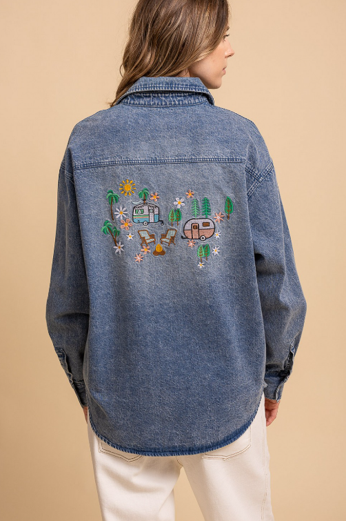 Happy Camper Embroidered Denim Top