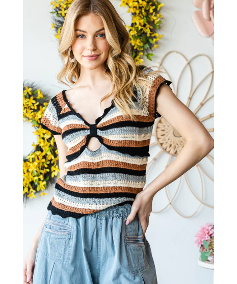 Striped Crochet Scallop Edge Top