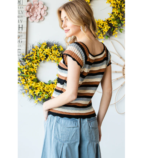 Striped Crochet Scallop Edge Top