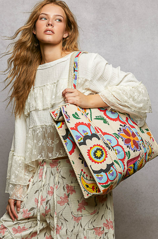 Quilted Boho Print Tote Bag