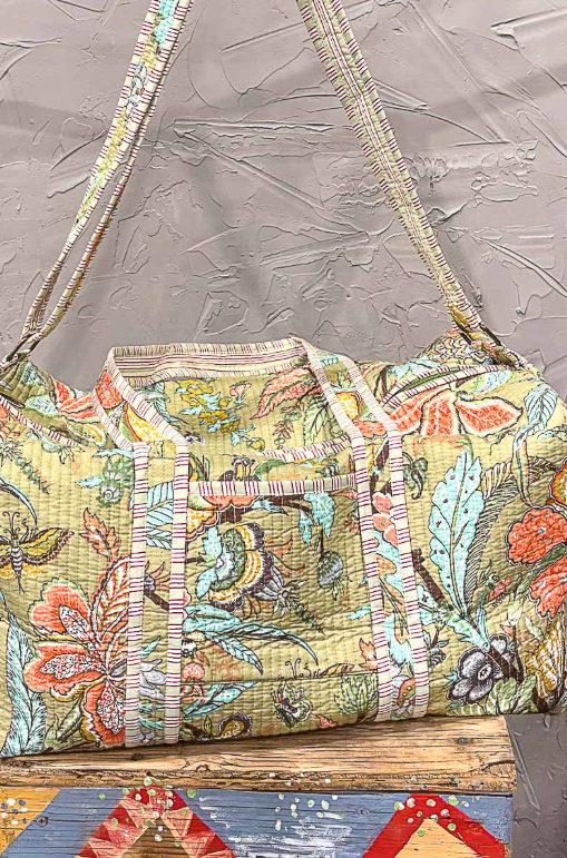Green Quilted Floral Duffel Bag