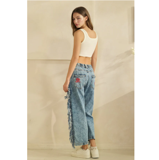 Embroidered Side Fray Jeans *Final Sale*