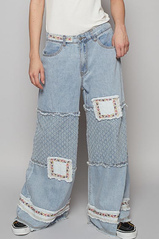 Wide Leg Floral Patch Jeans