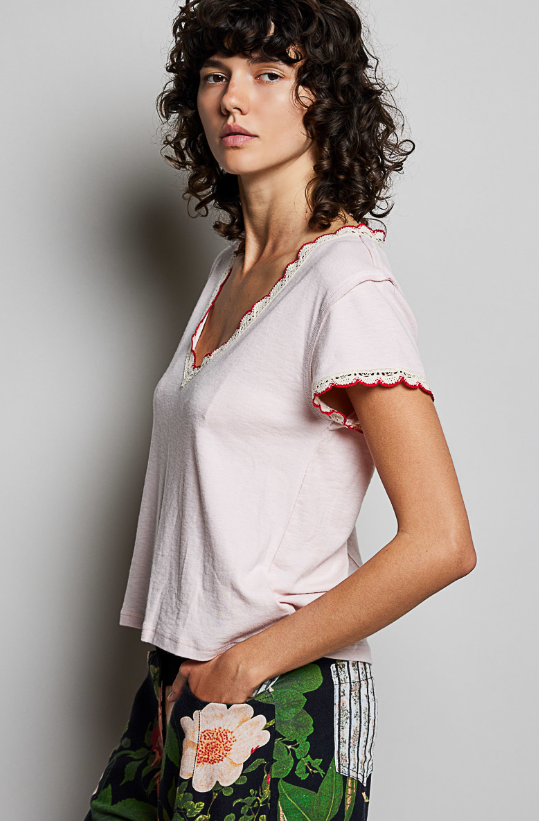 Crochet Trim V-Neck Tee *Final Sale*