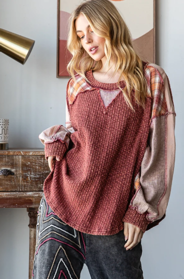 Burgundy Plaid Mix Top *Final Sale*