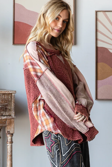 Burgundy Plaid Mix Top *Final Sale*