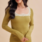 Square Neck Lace Ribbed Tops