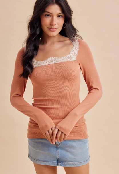Square Neck Lace Ribbed Tops