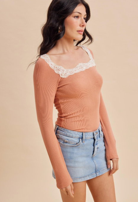 Square Neck Lace Ribbed Tops