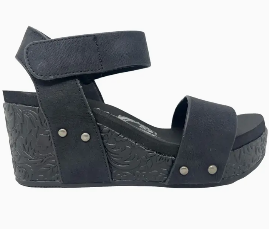 Devon Faux Leather Strap Floral Tooled Wedges by Very G