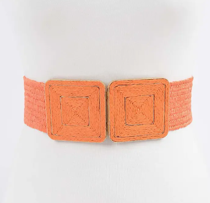 Faux Straw Two Buckle Elastic Belt