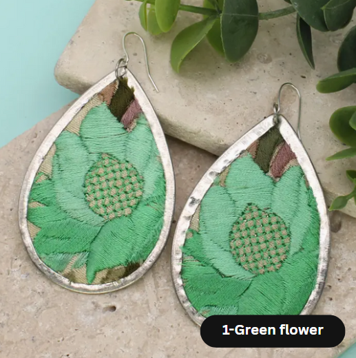 Embroidered Silver Teardrop Earrings