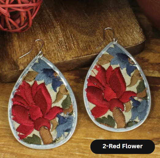 Embroidered Silver Teardrop Earrings
