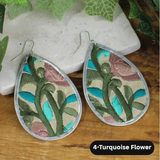 Embroidered Silver Teardrop Earrings