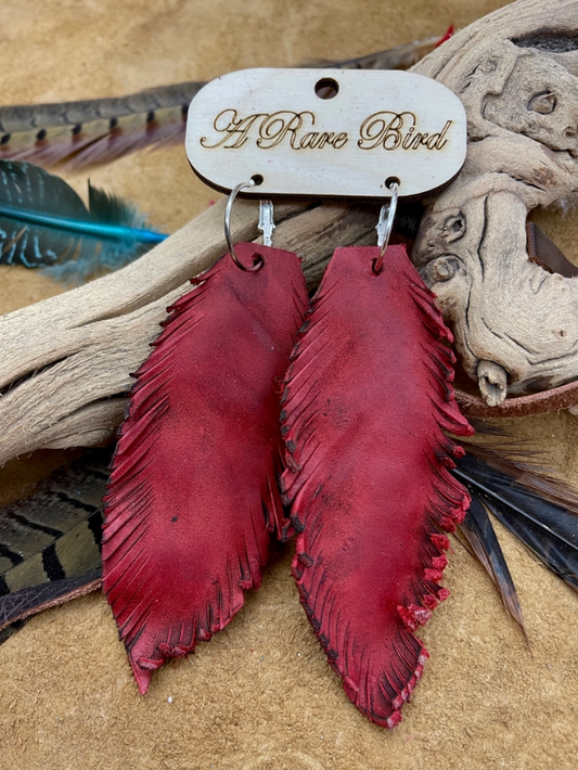 Red Leather Feather Earrings