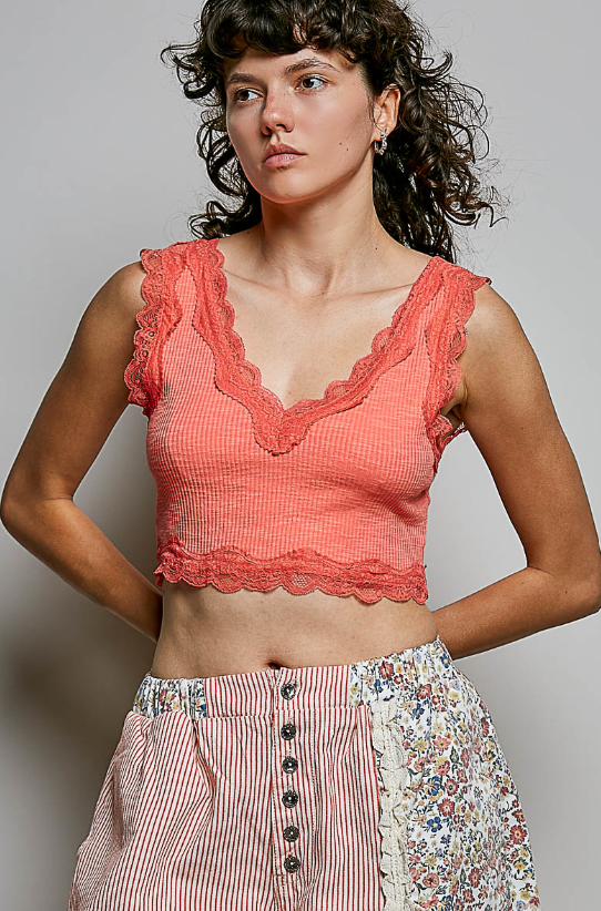 Pol Ribbed Lace Crop Top